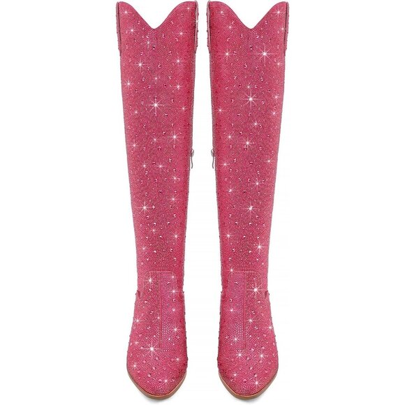 Ronilurn Women Hot Pink Rhinestone Pointed Toe Cowgirl Boot Pull On Side Zipper - Picture 2 of 9